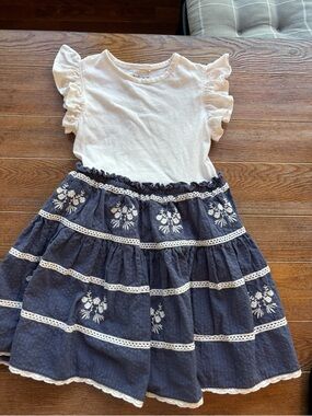 next Cream Ruffle Sleeve Dress with Navy Embroidered Skirt